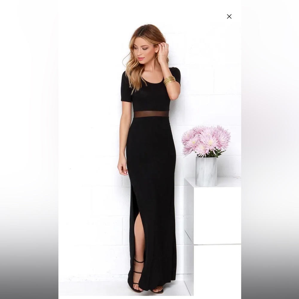 Black maxi dress with mesh panel at waist